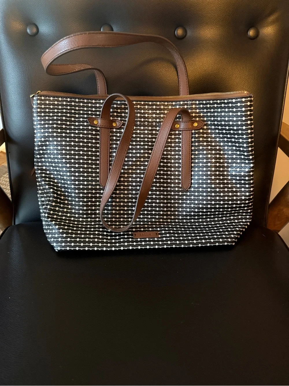 Fossil Black & White Beaded-Pattern Tote with Brown Trim